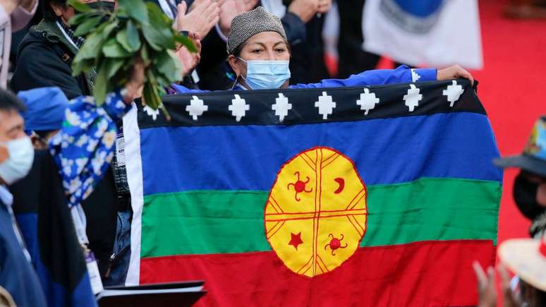 Elisa Loncón segura bandeira mapuche