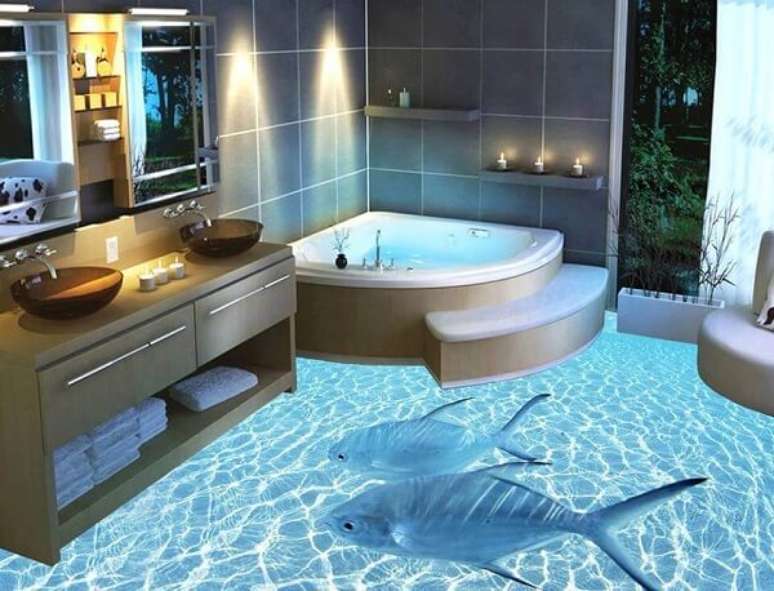 61- O fundo do mar pode inspirar na decoração do banheiro. Fonte: Pinterest