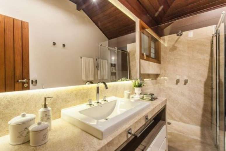 45. Lavabo com pedra para bancada de granito bege &ndash; Projeto Juliana Pippi