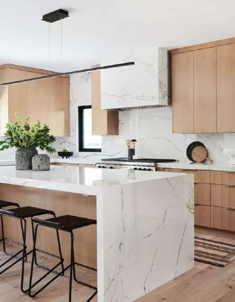 3. Pedra de bancada de mármore branco para decoração de cozinha de madeira planejada – Foto Behance