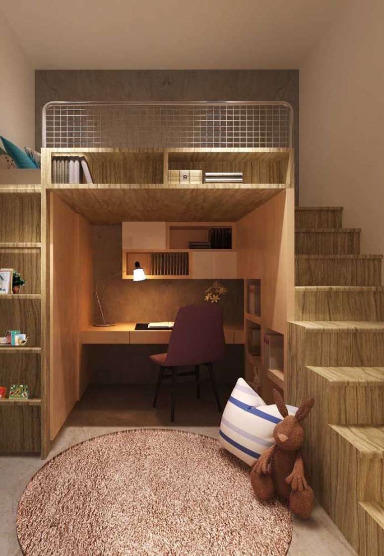 58. Beliche de madeira com bancada para estudo e cadeira roxa &ndash; Foto Pinterest