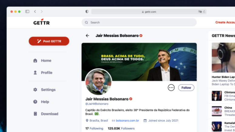 O presidente Jair Bolsonaro também está na rede social Gettr 