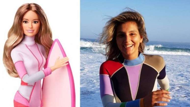 A surfista brasileira Maya Gabeira ao lado de sua versão Barbie