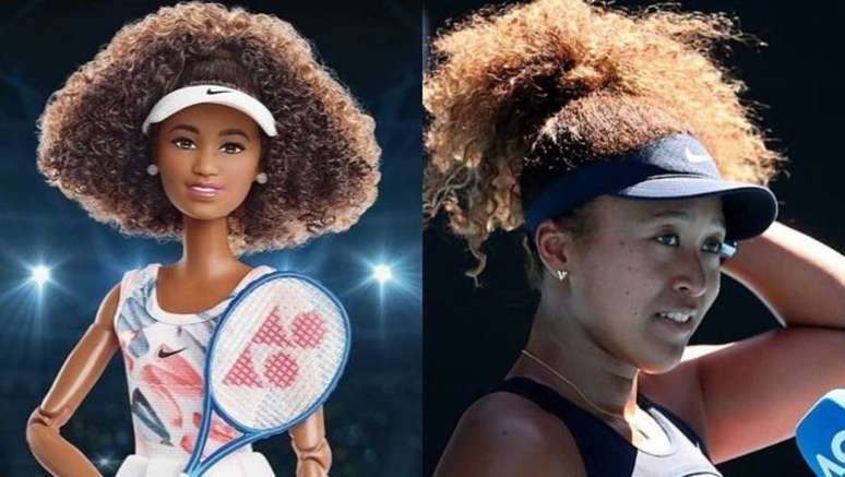 Naomi Osaka ao lado de sua versão Barbie