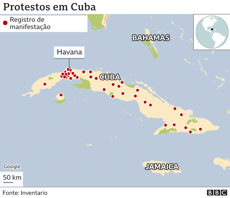 mapa de protestos em cuba em 11 de julho