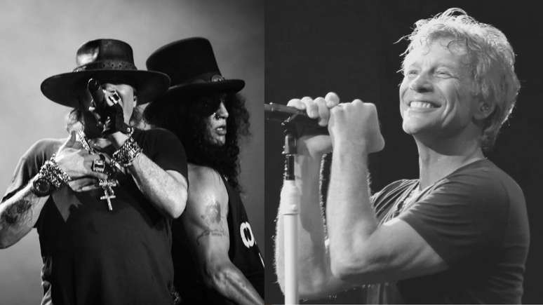 Axl Rose e Slash, do Guns N' Roses, e Jon Bon Jovi, líder da banda Bon Jovi