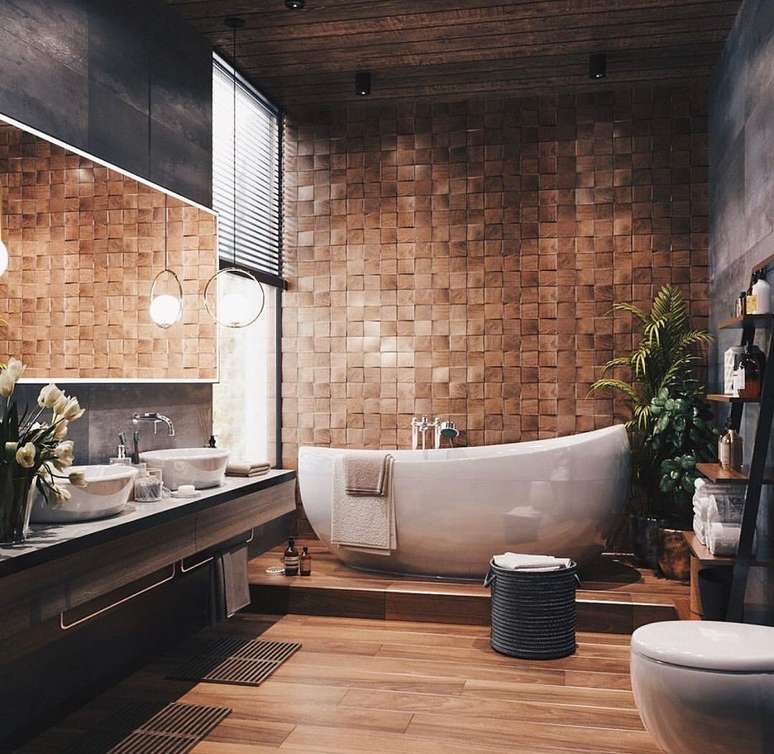 19. Banheiro grande moderno decorado com revestimento amadeirado 3D e cuba redonda – Foto: UltraLinx