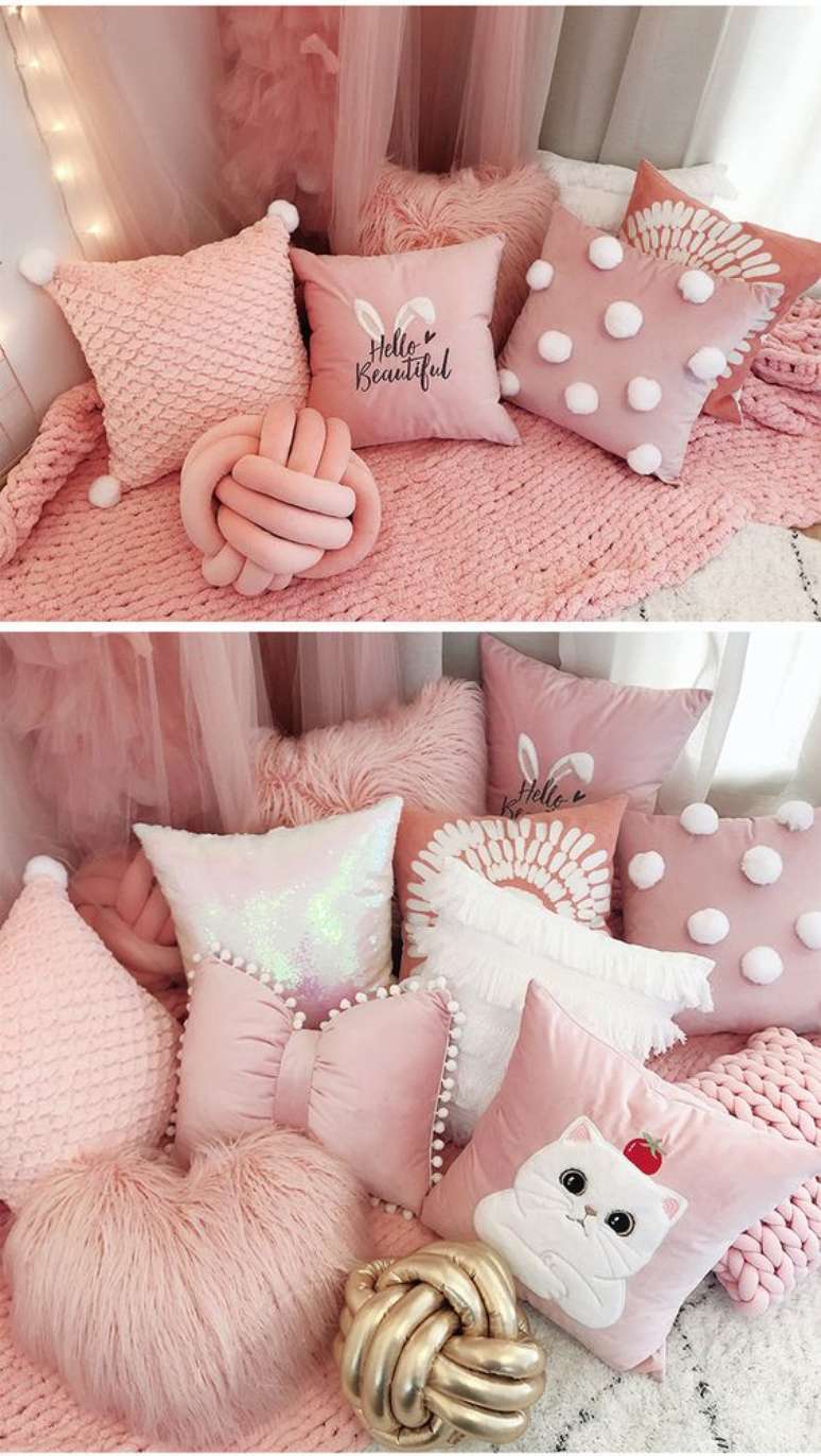 62. Cama decorada com almofadas divertidas em tons de rosa – Foto Aliexpress