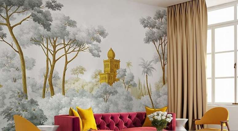 35. Sof&aacute; rosa capiton&ecirc; de veludo e cadeiras amarelas. Fonte: Revista viva Decora