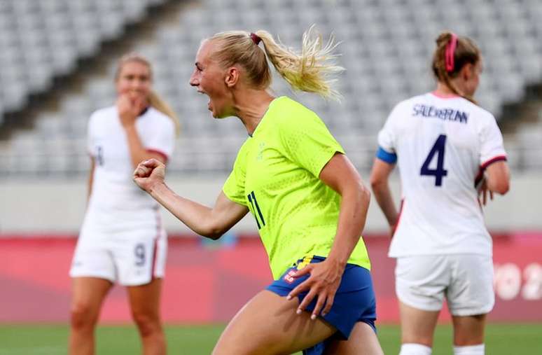 Stina Blackstenius comemora gol marcado na vit&oacute;ria da Su&eacute;cia sobre os Estados Unidos na Olimp&iacute;ada de T&oacute;quio 2020 
21/07/2021 REUTERS/Edgar Su