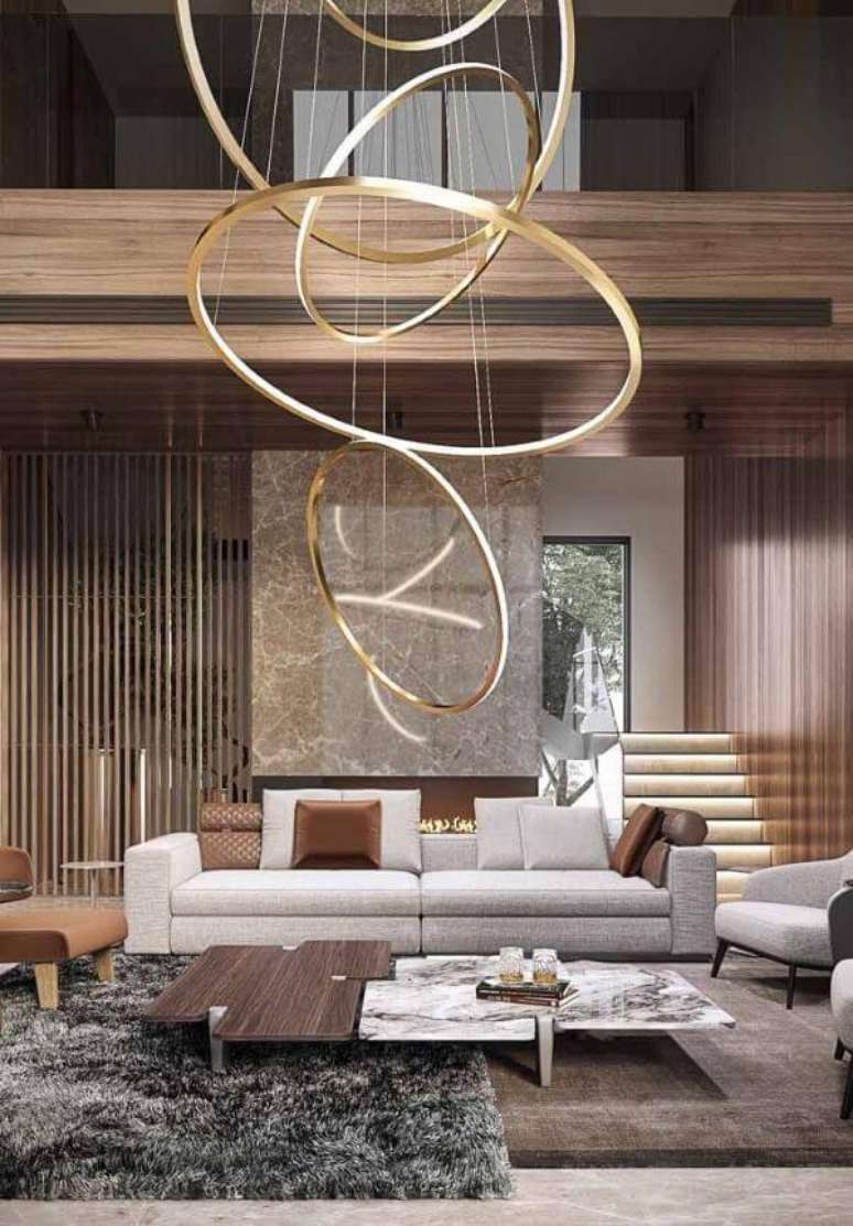 10. Sala grande decorada com lustre redondo e chamativo &ndash; Foto Pinterest