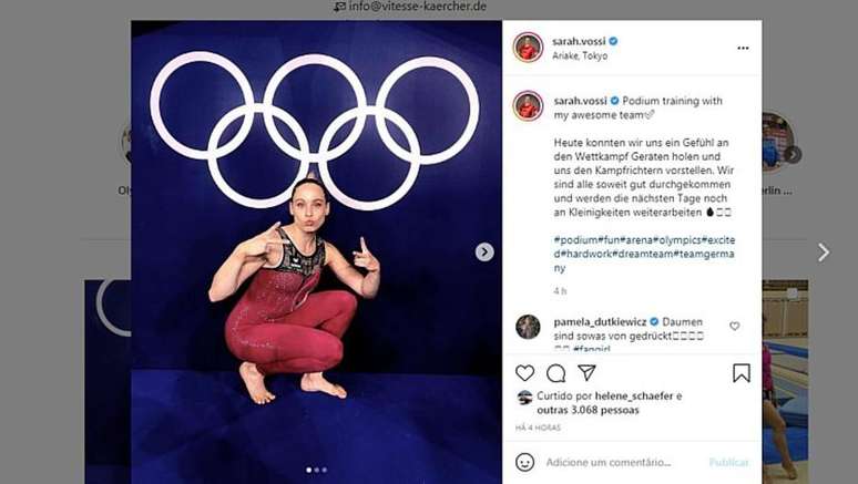 Sarah Vossi, ginasta da Alemanha, fez uma postagem após o treino de pódio nesta quinta-feira