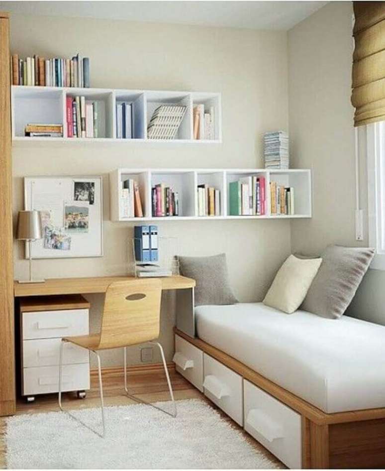9. Decoração simples para quarto de hóspedes com escritório – Foto: Archidea
