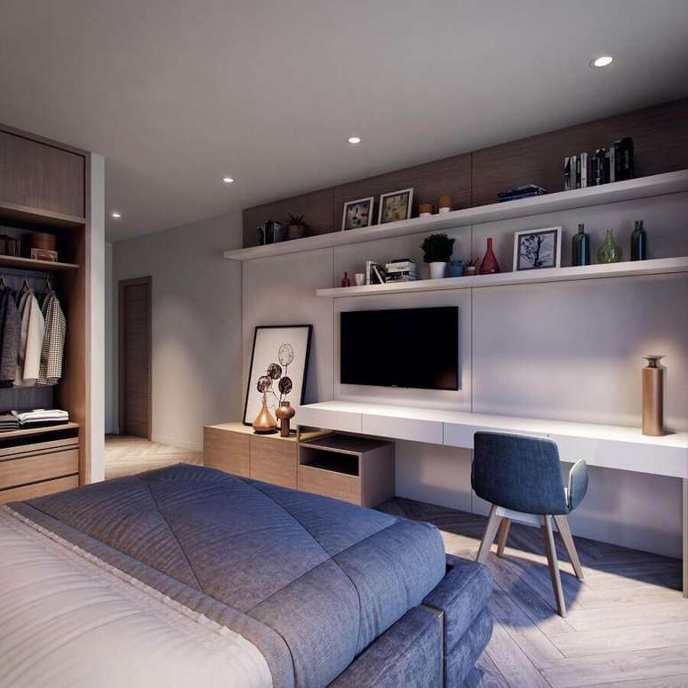 28. Decoração moderna para quarto de casal com escritório planejado – Foto: Behance