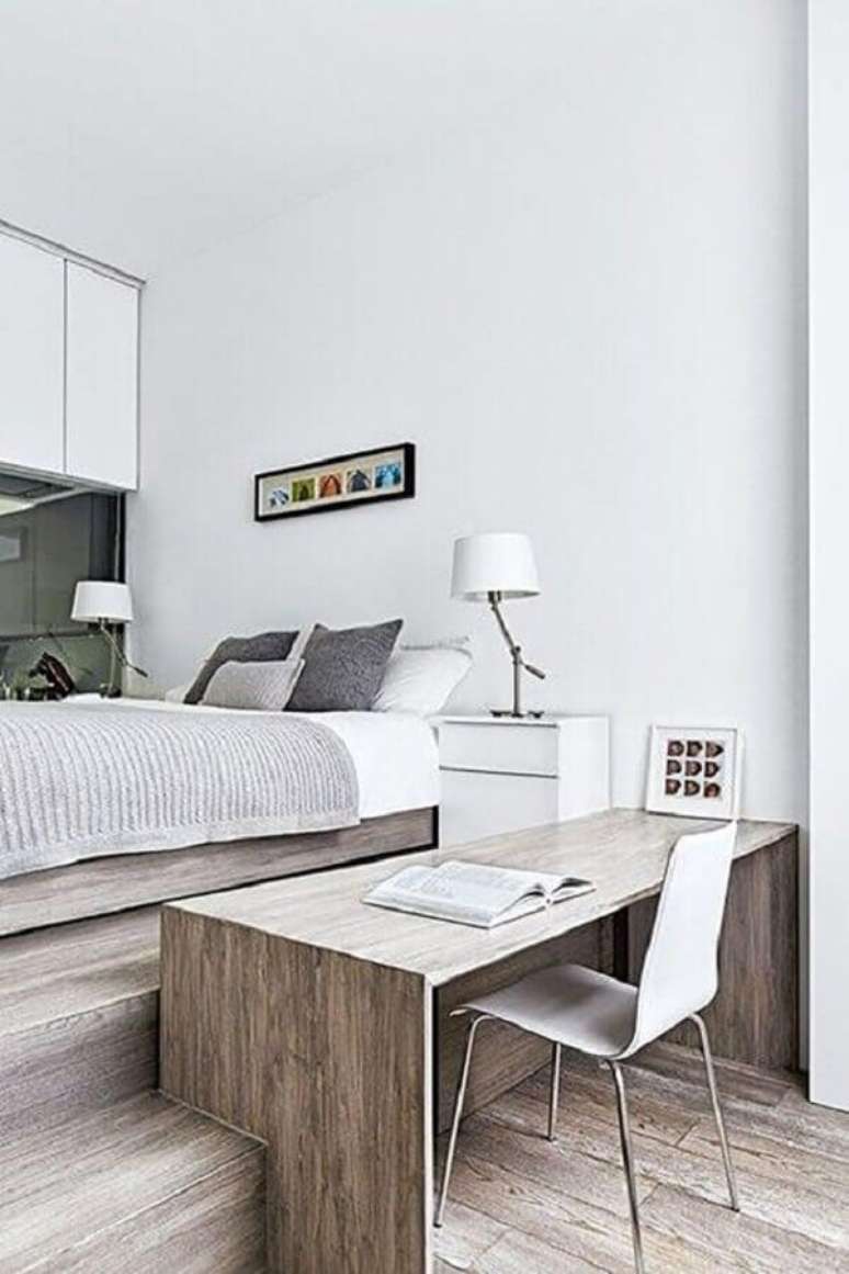 23. Decoração de quarto com escritório minimalista – Foto: Pinterest