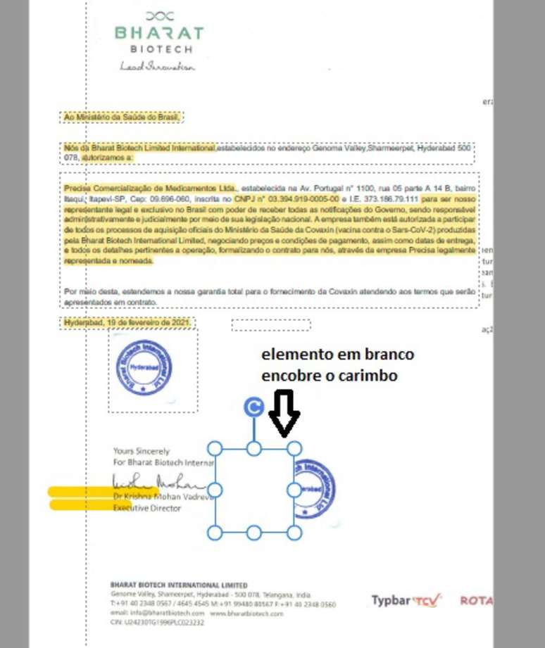 O documento com indício de colagem. Na imagem, um elemento em branco encobre o carimbo.