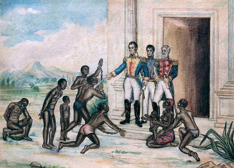 Bolívar baixou vários decretos que buscavam uma reforma social profunda, queria abolir a escravidão e melhorar a vida dos povos indígenas — aquarela sobre papel de Fernández Luis Cancino