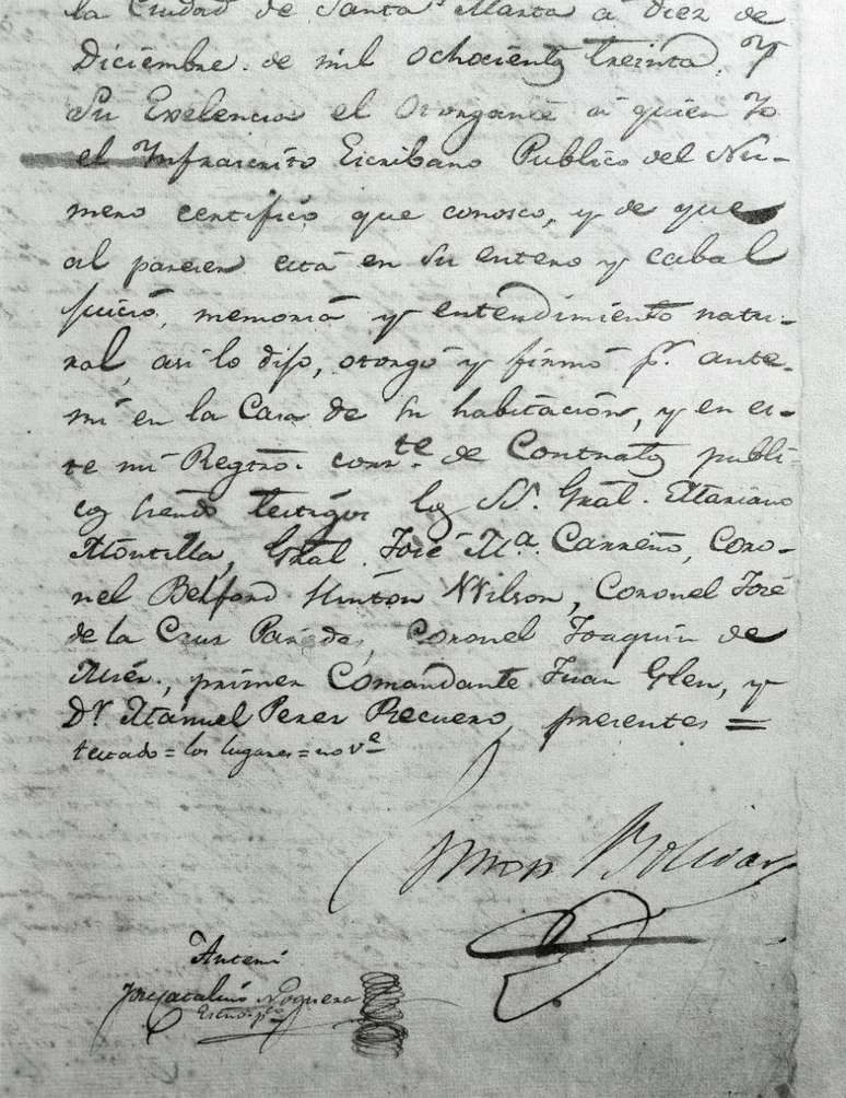 Bol&iacute;var fez seu testamento em Santa Marta, na Col&ocirc;mbia, em 1830