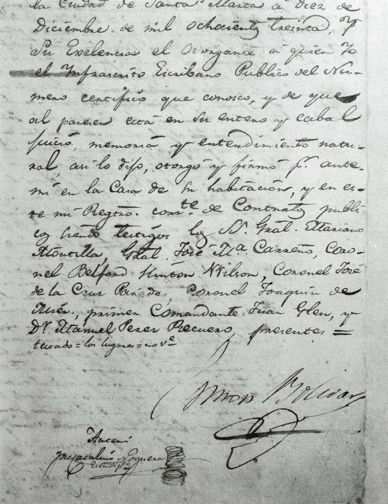 Bolívar fez seu testamento em Santa Marta, na Colômbia, em 1830