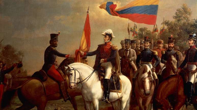 Detalhe da obra de Arturo Michelena sobre a emblemática Batalha de Carabobo, ocorrida em 1821. Ao centro, o herói: Simón Bolívar