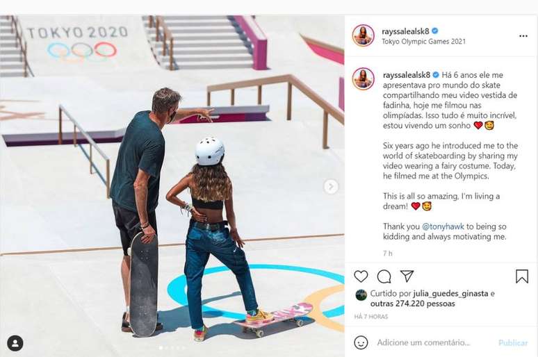 Rayssa Leal publicou nas redes sociais encontro com Tony Hawk em Tóquio