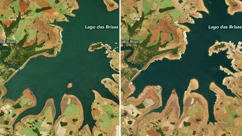 Comparação mostra impacto da seca no Lago das Brisas (MG): a imagem à esquerda foi registrada em 12 de junho de 2019 e a imagem à direita, em 17 de junho deste ano