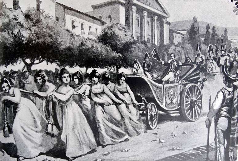 Entrada triunfal de Bol&iacute;var em Caracas, em junho de 1821, ap&oacute;s a vit&oacute;ria na Batalha de Carabobo