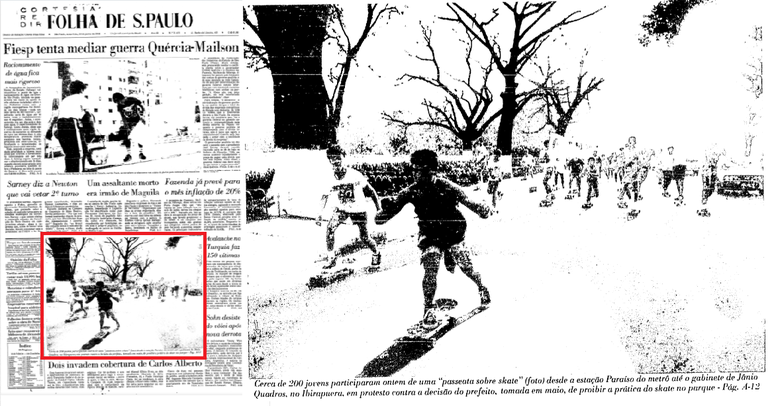 Capa da Folha de S. Paulo (24.jun.1988) retrata protesto de skatistas contra proibi&ccedil;&atilde;o do skate no Parque do Ibirapuera