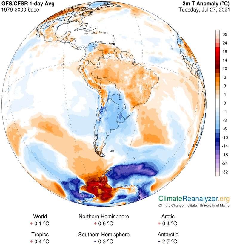 Imagem computadorizada da última terça (27/7) mostra massa de ar quente deixando a América do Sul rumo à Antártida enquanto massa de ar frio deixa a Antártida rumo à América do Sul