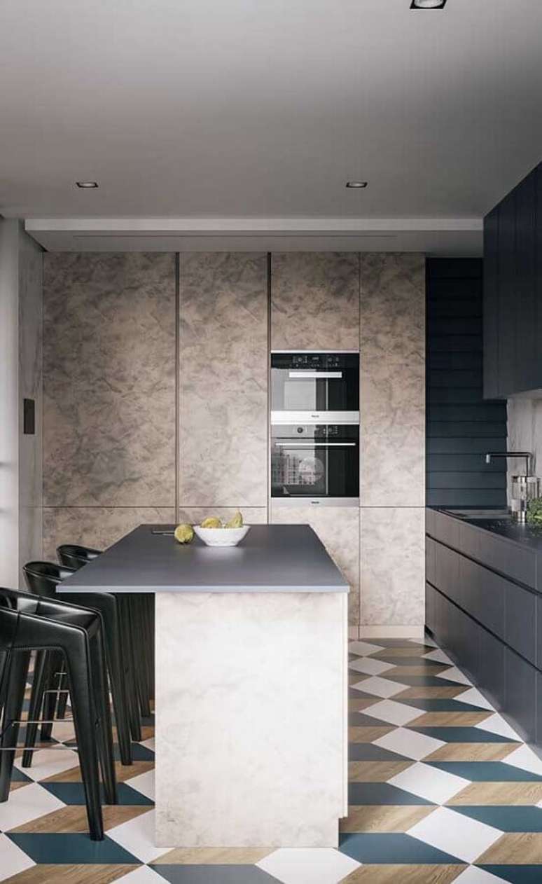59. Piso geom&eacute;trico colorido para decora&ccedil;&atilde;o de cozinha estilo americana com ilha &ndash; Foto: Pinterest