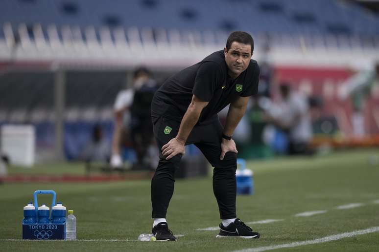 André Jardine na vitória do Brasil sobre a Arábia Saudita nesta quarta-feira nos Jogos Olímpicos de Tóquio Lucas Figueiredo CBF