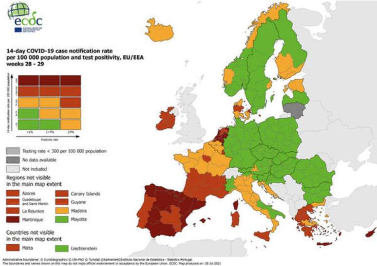 Mapa da Covid publicado pelo centro europeu