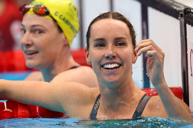 Emma McKeon, da Austr&aacute;lia, festeja recorde ol&iacute;mpico na piscina nesta sexta-feira Stefan Wermuth Reuters