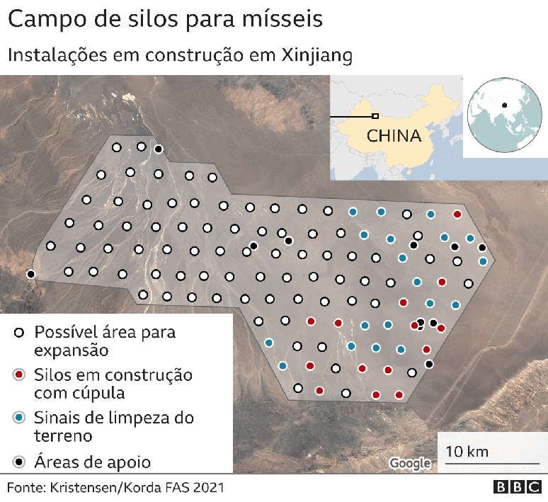 Arte mostra imagem de satélite com possível área de construção de silos