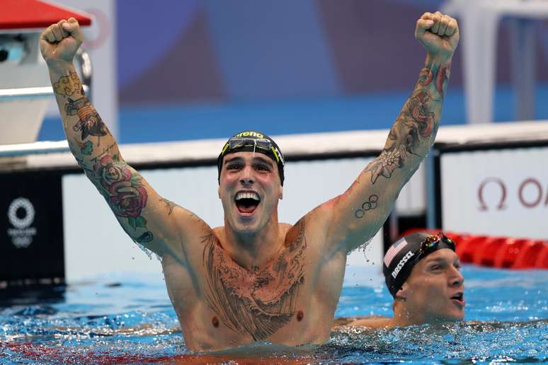 Bruno Fratus comemora o seu bronze logo após terminar em terceiro lugar a final dos 50m livre