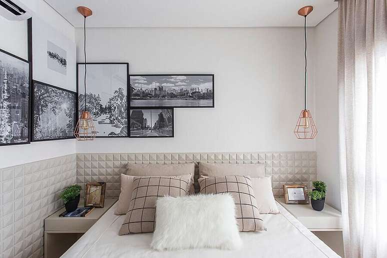 48. Como decorar um quarto pequeno com cabeceira 3D e quadros de parede – Foto: Pinterest