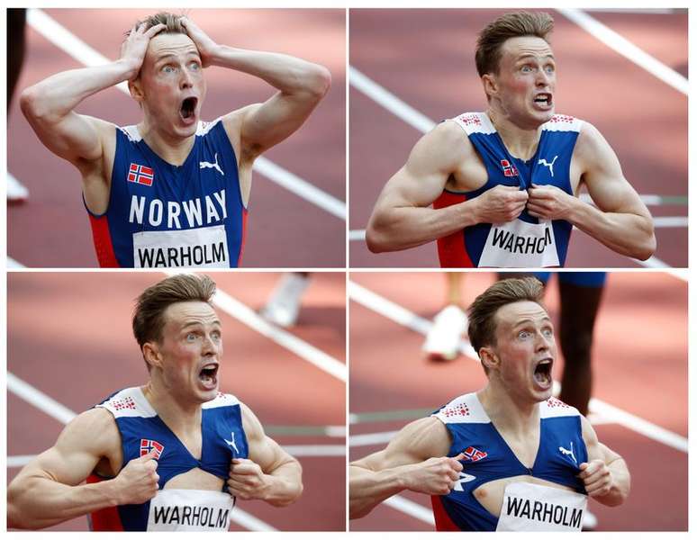 Combinação de fotos de Warholm, da Noruega, após quebrar o recorde mundial dos 400m com barreiras
03/08/2021
REUTERS/Phil Noble