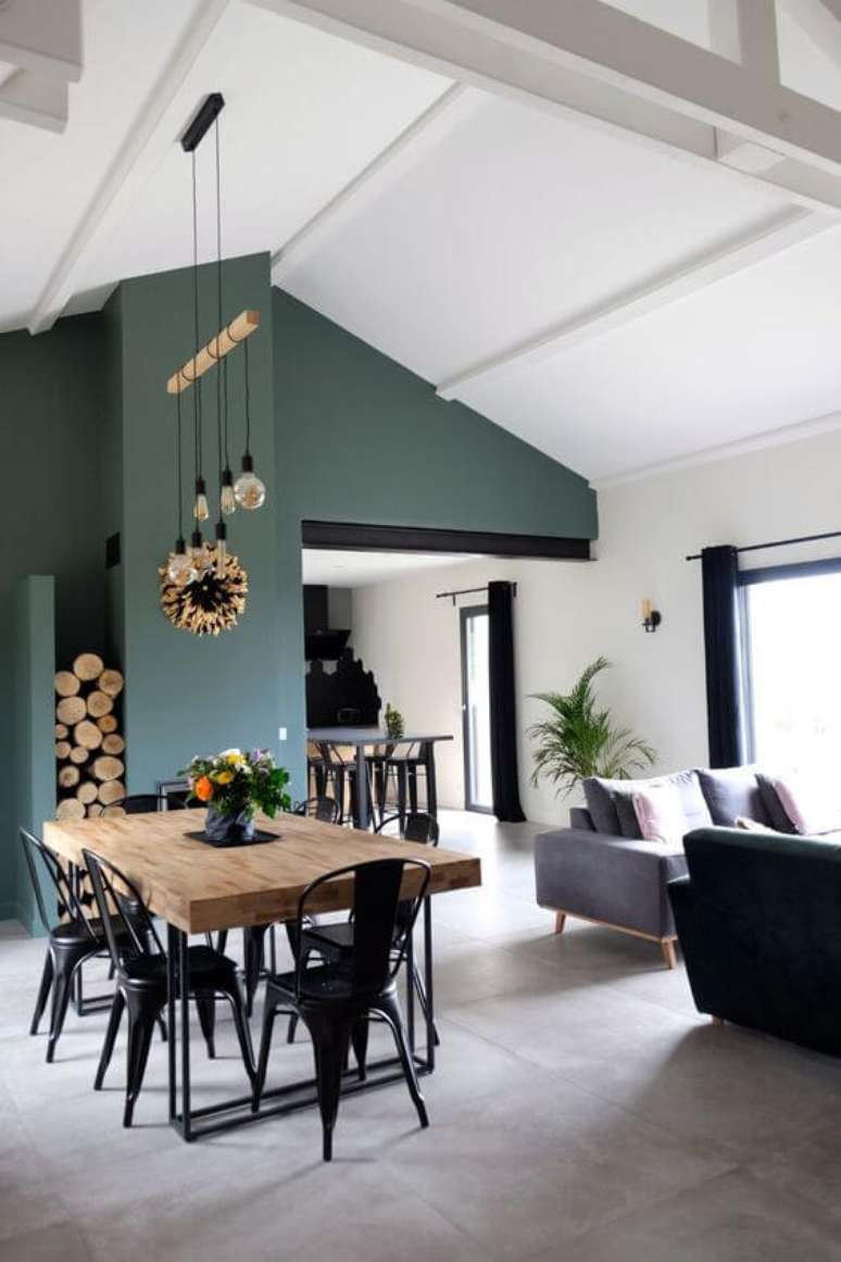 73. Sala de jantar com porcelanato cimento queimado e cores de tinta para parede verde &ndash; Foto Cote Maison