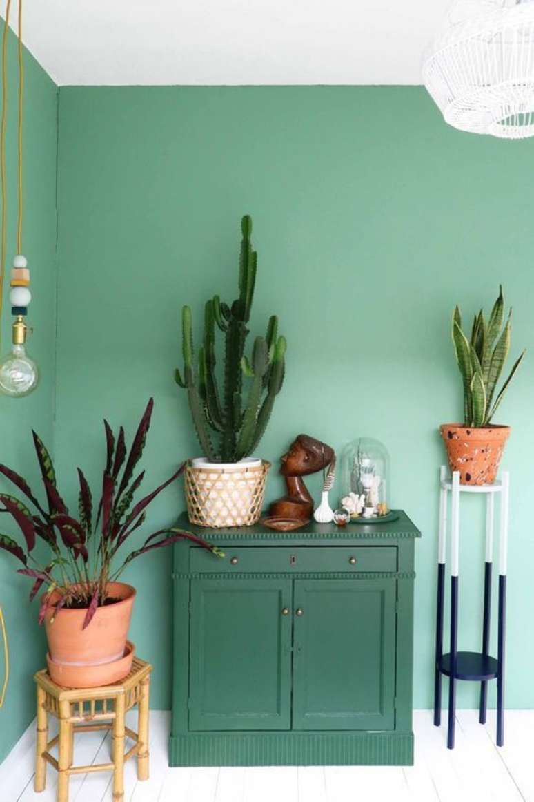 11. Cores de tinta para sala em verde claro com decoração de plantas e vasos – Foto Casa vogue