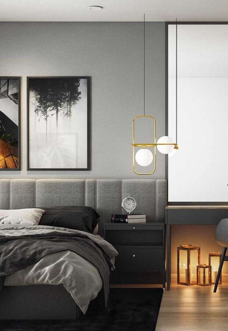 47. Como decorar um quarto moderno em tons de cinza com luminária dourada – Foto: Futurist Architecture