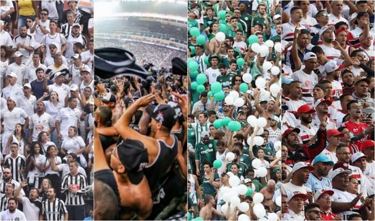 Público em SP retorna em novembro (Foto: Montagem/Divulgação/Santos/Corinthians/Palmeiras/São Paulo)