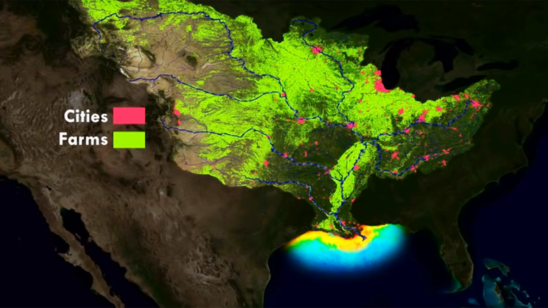 &Aacute;reas hip&oacute;xicas (vermelhas) tendem a aparecer perto de regi&otilde;es com grandes extens&otilde;es agr&iacute;colas (verdes) do mundo