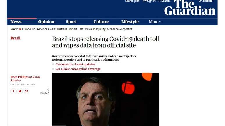 Jornal britânico The Guardian disse que governo brasileiro foi acusado de `totalitarismo e censura` ao mudar metodologia de números de covid-19