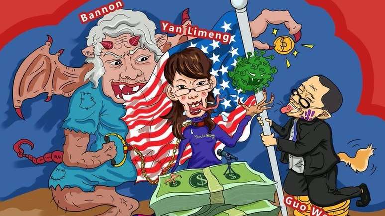 Os cartuns compartilhados buscam ridicularizar Steve Bannon, Li-Meng Yan e Guo Wengui