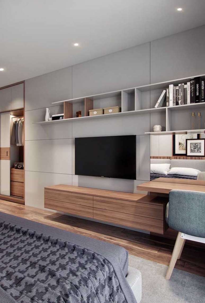 15. Quarto com rack suspenso e painel planejado &ndash; Foto Pinterest