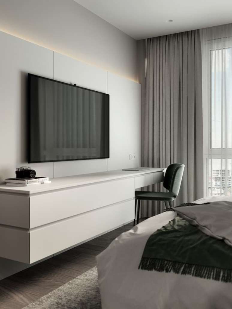 8. Painel com rack TV para quarto moderno e minimalista – Foto Behance