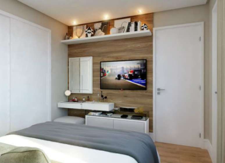 36. Rack para quarto pequeno com espa&ccedil;o para penteadeira &ndash; Foto Doce Obra