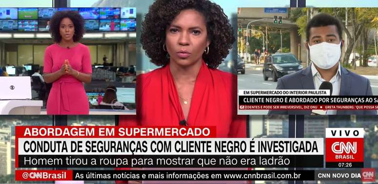 Maju Coutinho, Luciana Barreto e Marcus Vinícius Anjos ao noticiarem o caso no mercado de Limeira: importante representatividade na TV