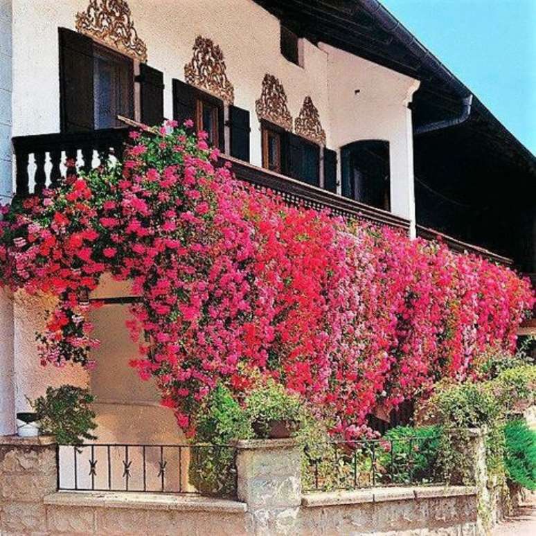 47. Fachada de casa com ger&acirc;nio pendente na varanda &ndash; Foto Pinterest