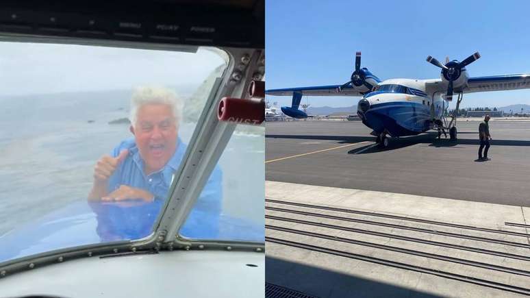 O apresentador norte-americano Jay Leno saiu por compartimento do avião em movimento